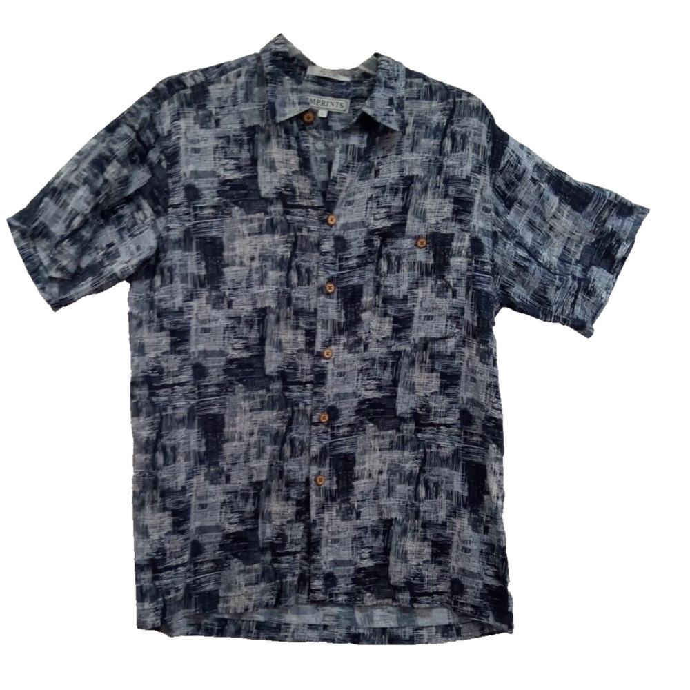 IMPRINTS MEN SHIRT LARGE‎ GEOMETRIC NAVY SHORT SLEEVES POCKET